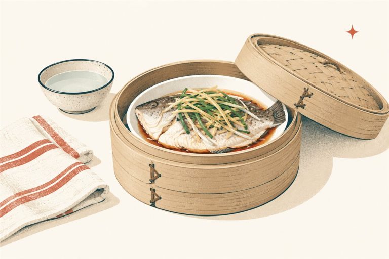 Open bamboo steamer holding a dish of steamed fish with ginger and scallion