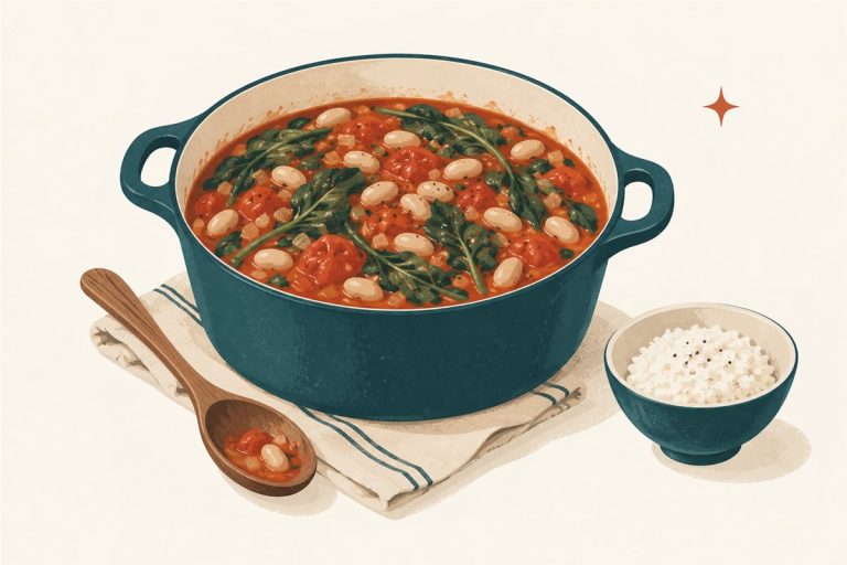 One-pot tomato and white-bean stew with leafy greens and a bowl of rice