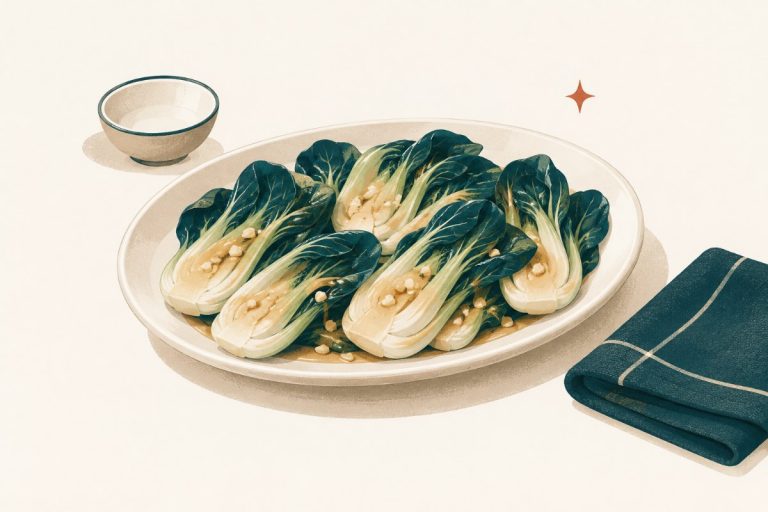Halved baby bok choy arranged on a shallow plate with a light garlic-oyster sauce