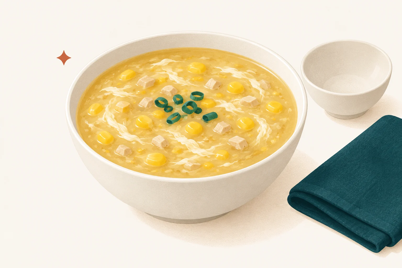 Bowl of thick golden corn soup with small chicken pieces, whole corn kernels, and pale egg ribbons
