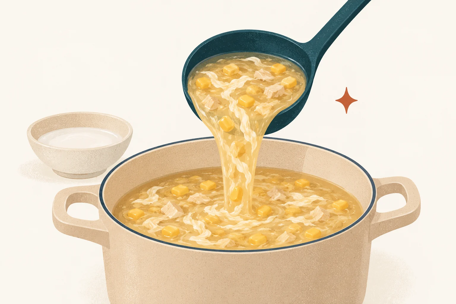 Thick corn soup flowing from a ladle with visible egg ribbons and small chicken pieces