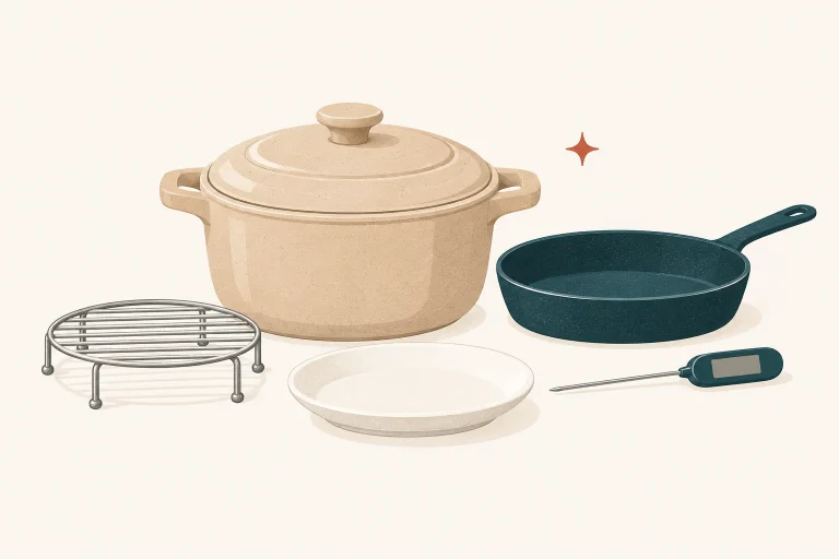 Covered pot with a stable steaming rack and plate, with a wide skillet and digital thermometer nearby