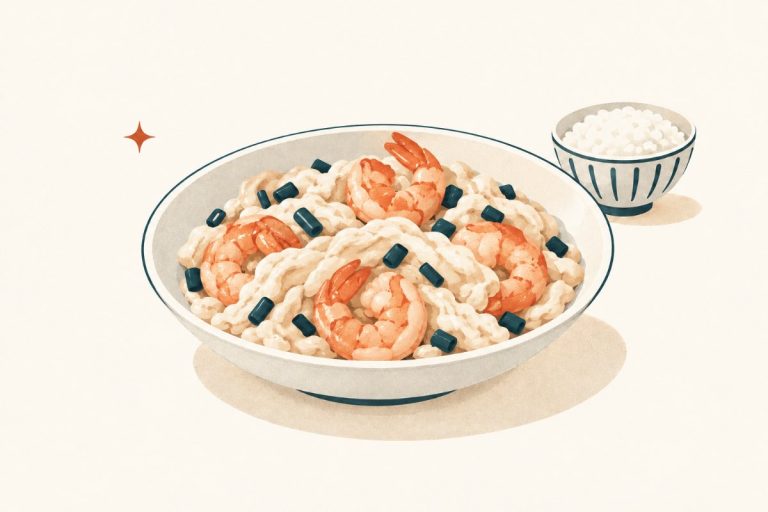 Broad pale egg folds with curled shrimp and sliced scallion in a shallow white bowl