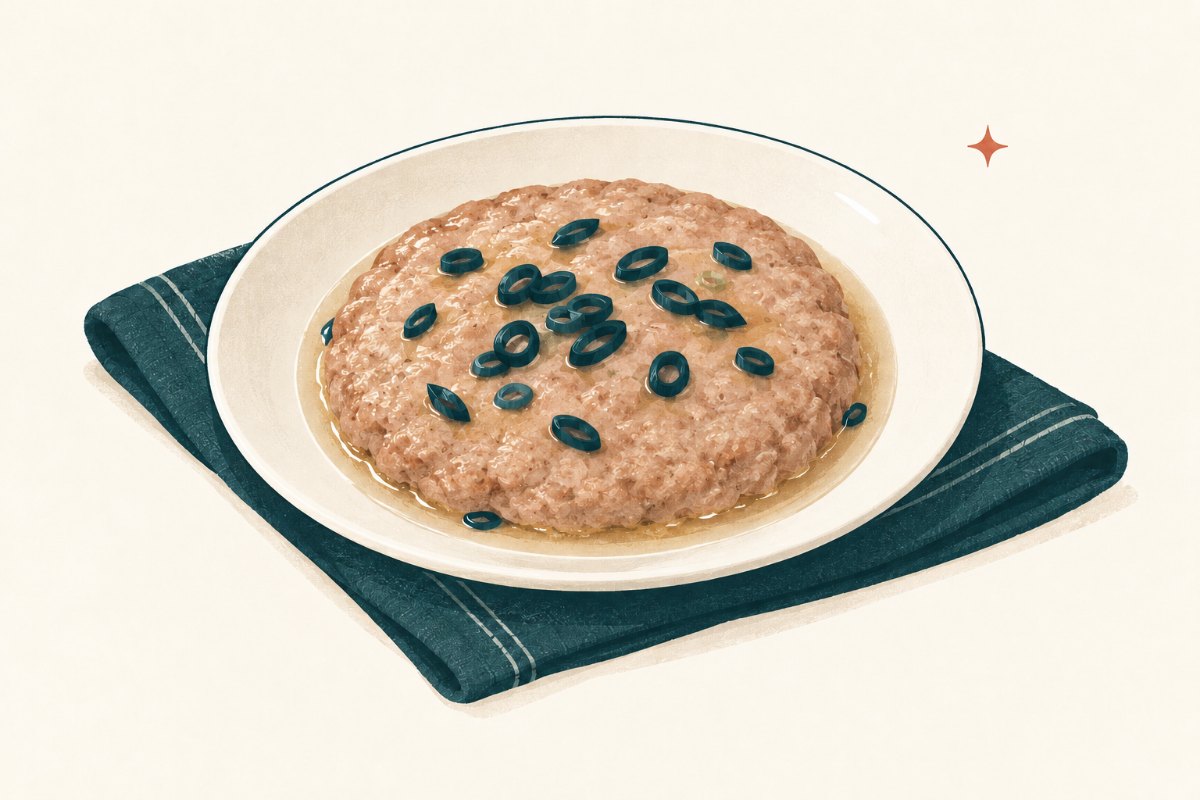 Shallow round steamed pork patty with sliced scallion and clear cooking juices on a white rimmed plate