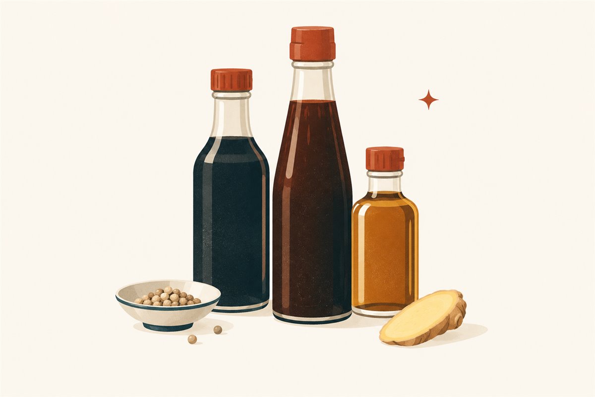 Blank-label soy sauce, oyster sauce, and sesame oil bottles with white pepper and ginger