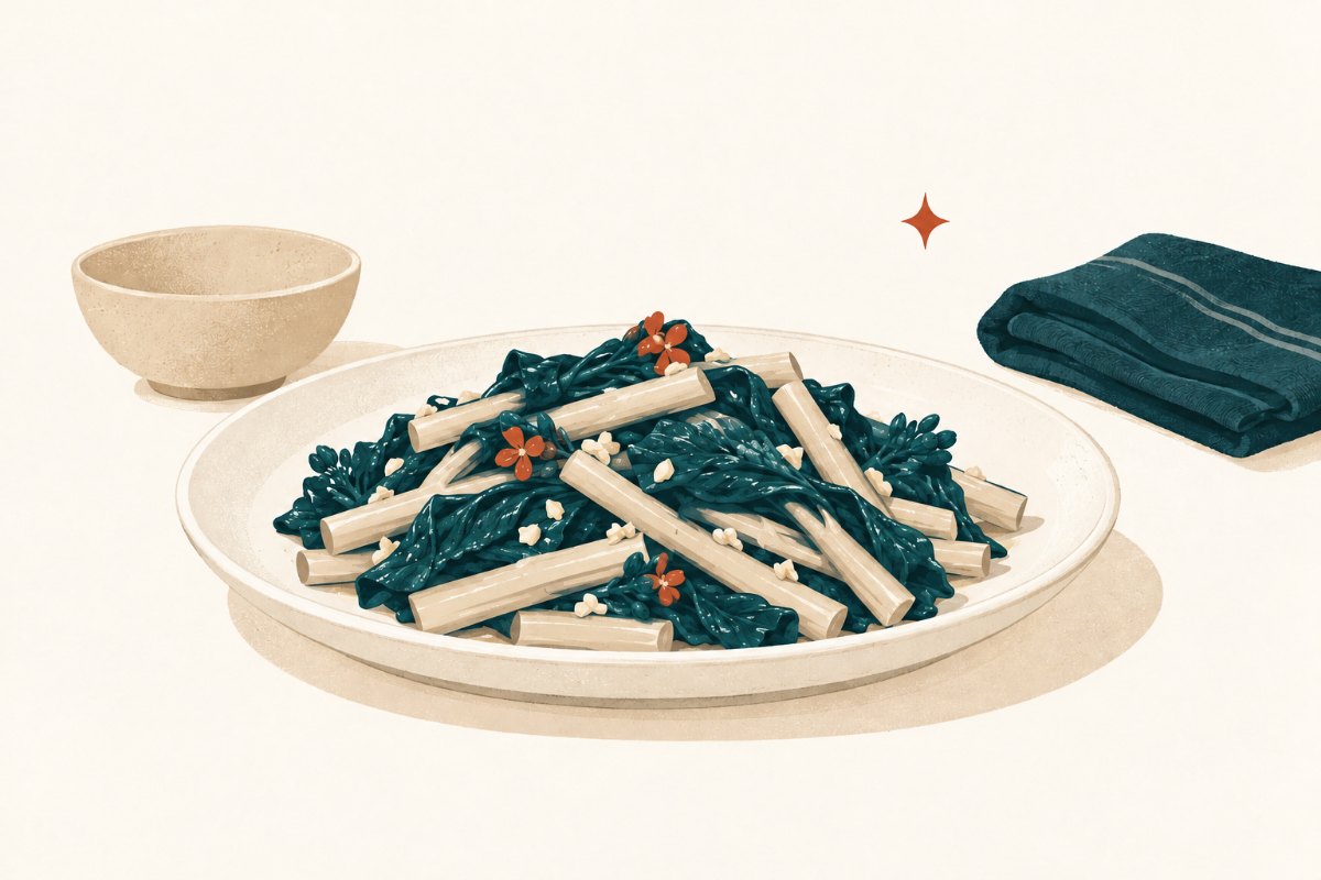 Garlic choy sum with pale stems and dark leaves on a shallow white plate