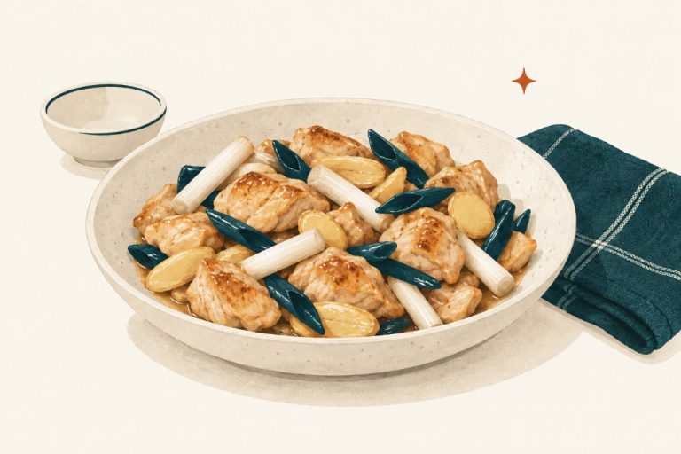 Glossy ginger scallion chicken thigh pieces with pale and deep-teal scallion segments in a shallow bowl