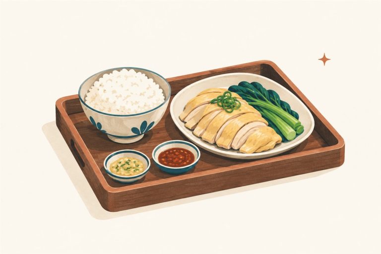Family serving tray with rice, sliced chicken, green vegetables, and sauces on the side