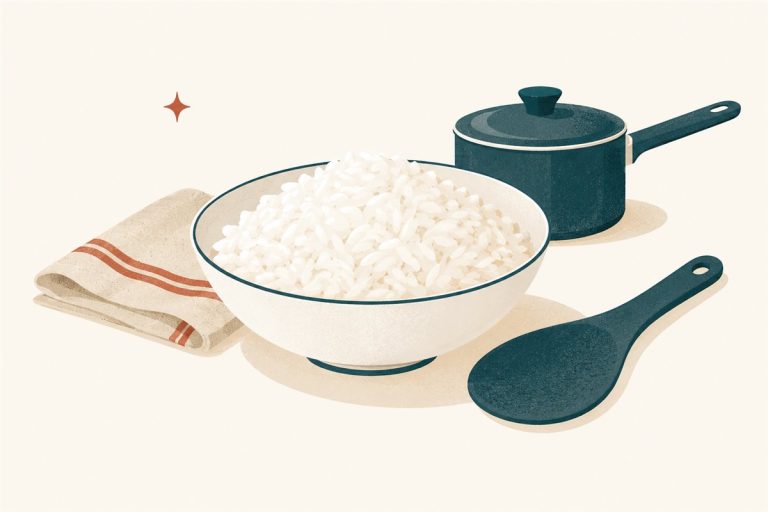Bowl of fluffy steamed rice with a rice paddle and lidded saucepan
