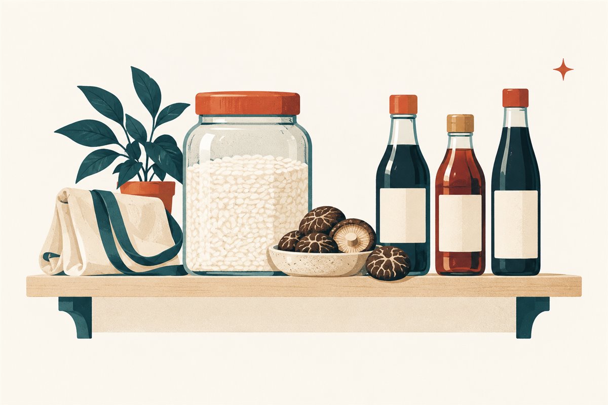 Organized pantry shelf with rice, dried shiitake mushrooms, and blank-label sauce bottles