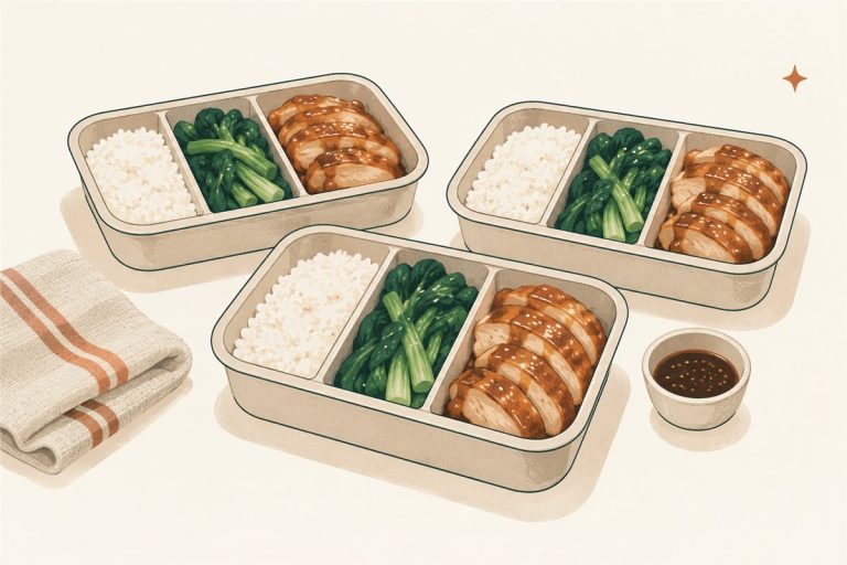 Three meal-prep containers with rice, leafy greens, and sliced glazed chicken