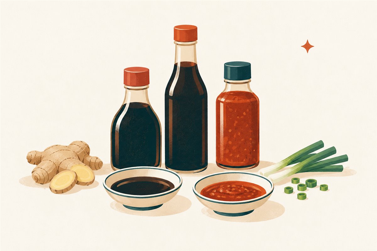 Blank-label Cantonese sauce bottles and small dishes of soy-based and chili sauces