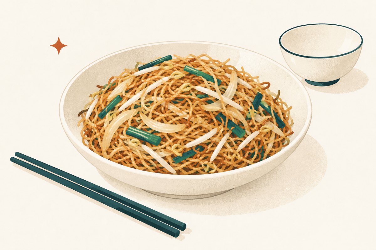Thin soy sauce noodles with bean sprouts, onion, and scallions