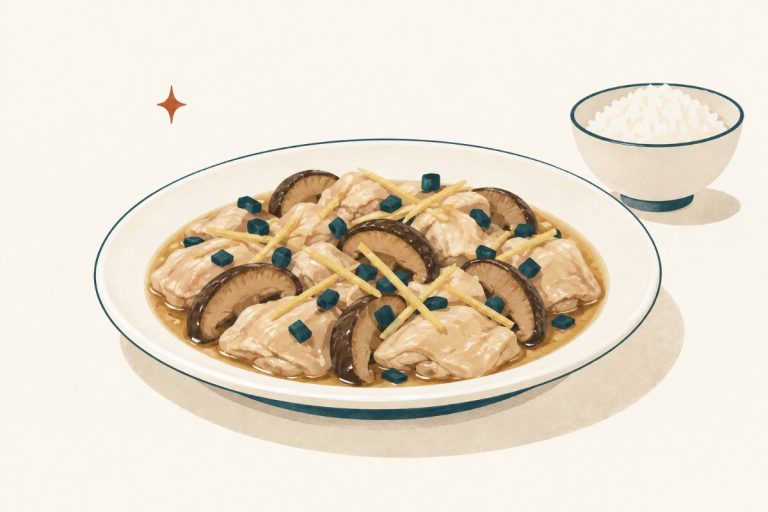 Steamed chicken thigh pieces and sliced shiitake mushrooms with ginger and scallion on a shallow white plate