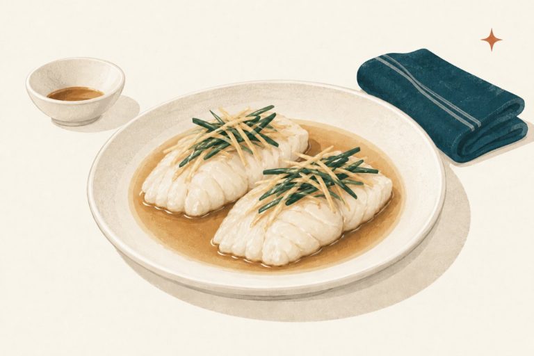 Two steamed white-fish portions topped with fine ginger and scallion strips in a shallow soy sauce