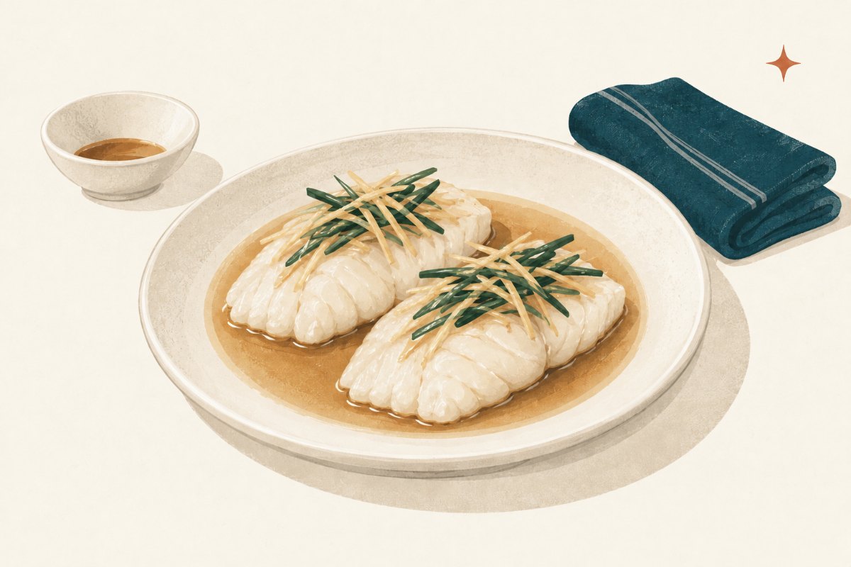Steamed white-fish portions topped with ginger and scallion strips